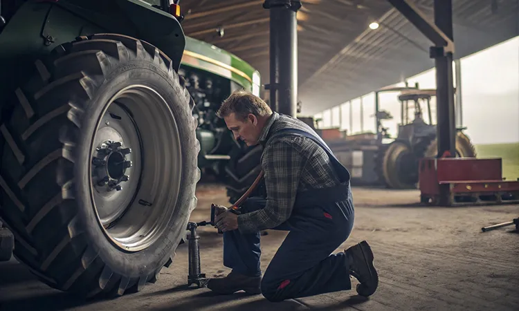 Механик ремонтирует трактор в ангаре